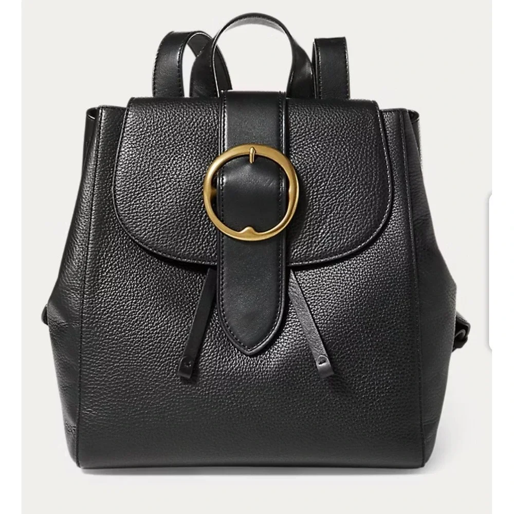 Polo Ralph Lauren Black Pebbled Leather Buckle Lennox Backpack Bag Gold Hardware